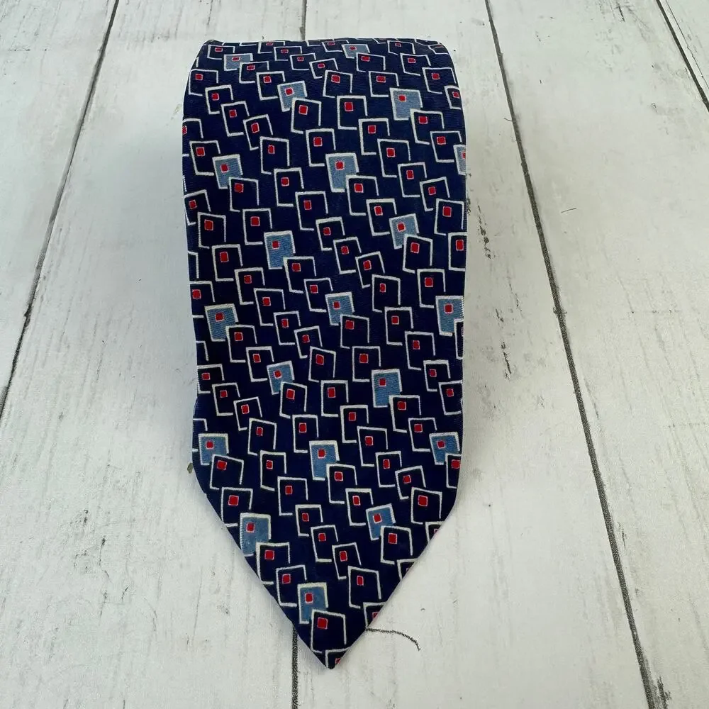 VTG Polo Ralph Lauren Blue/White Silk Handmade Geometric Neck Tie USA